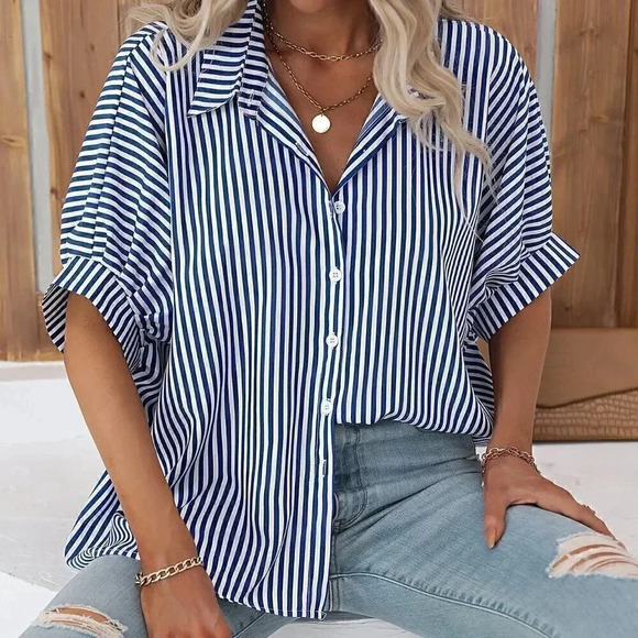 . Tops - Blue & White Casual Womens Striped Print Batwing Sleeve Shirt